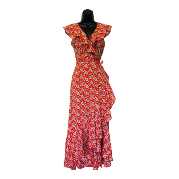 Max Studio Orange floral‎ ruffle bishop collar full wrap maxi dress size Small - Picture 1 of 13
